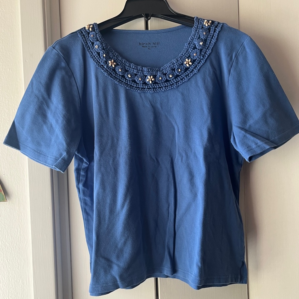 Birch Hill. XL Blue, Crochet Neckline Top